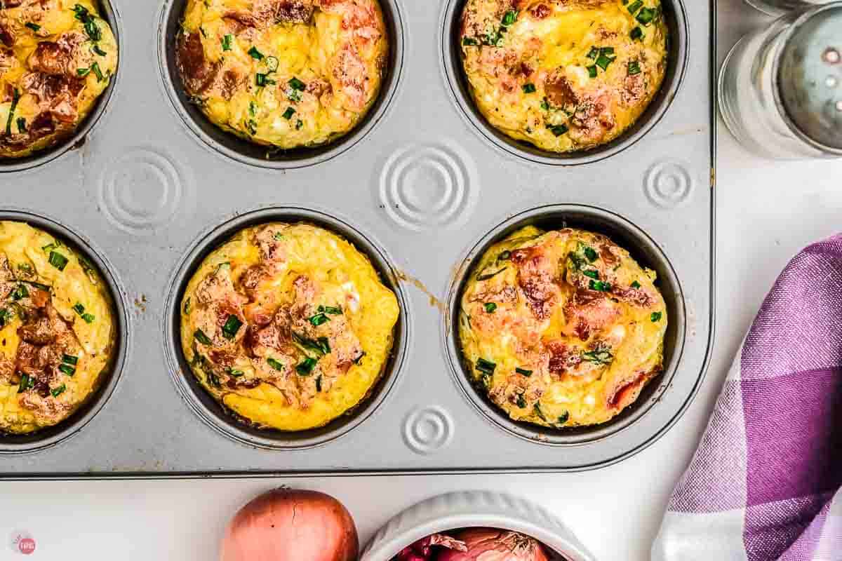 close up of muffin pan with egg bites in it