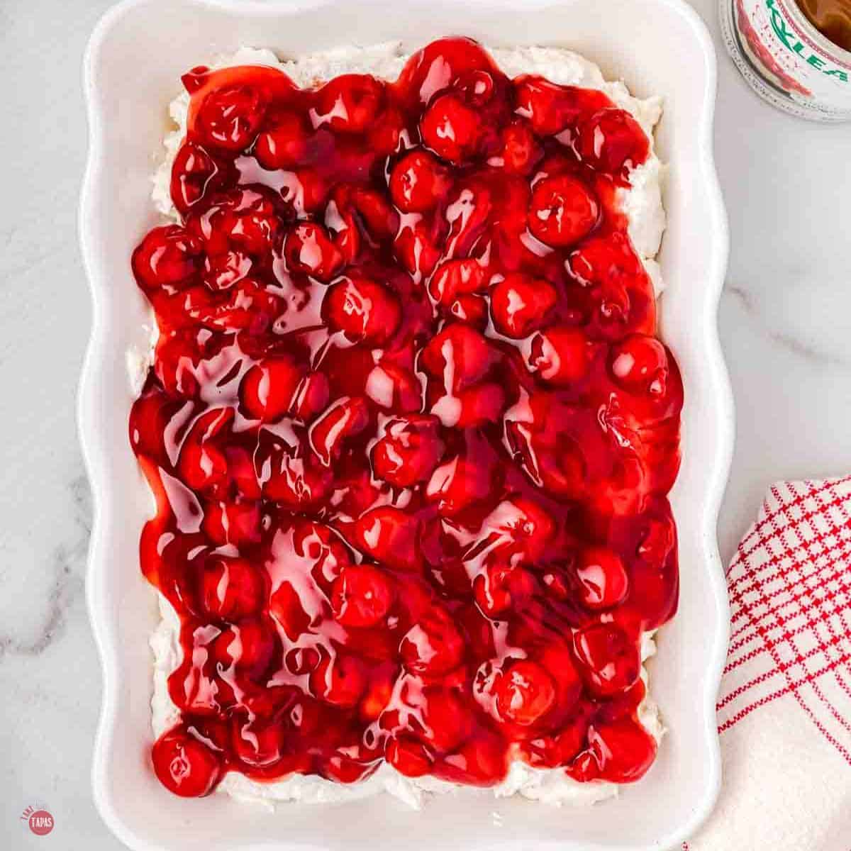 dish of no bake cherry dessert