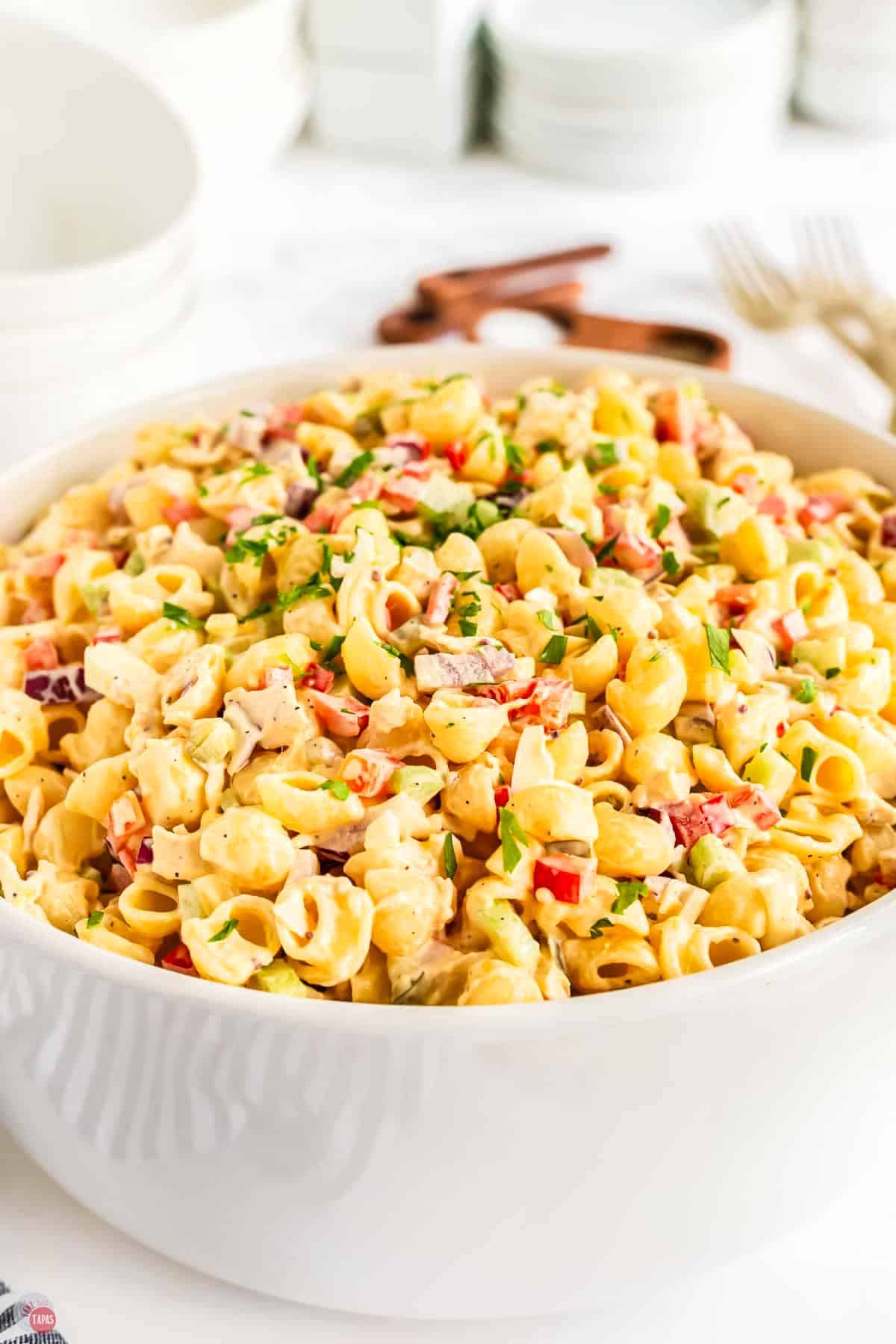 chicken macaroni salad in a white bowl