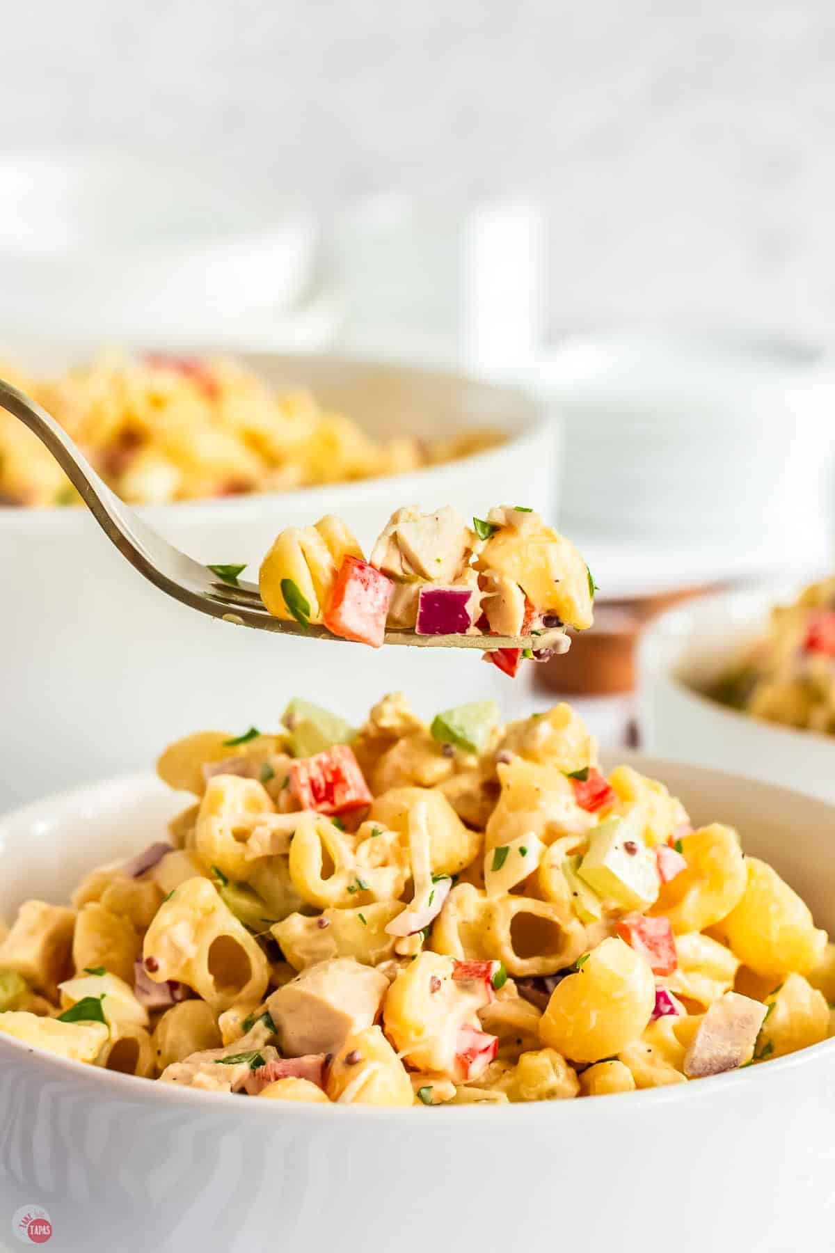 fork with bite of macaroni salad