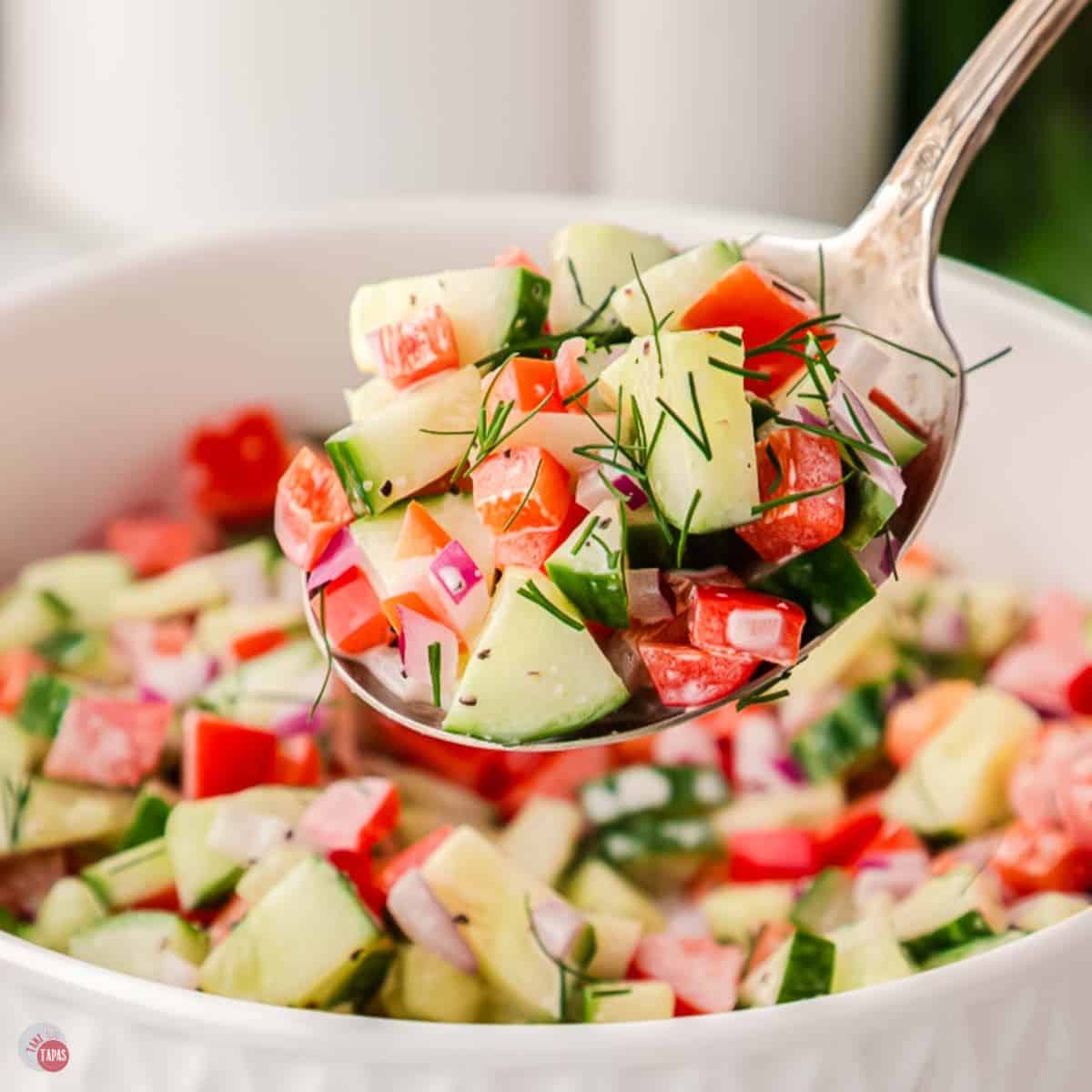 bowl of tomato cucumber salad with a silver spoon