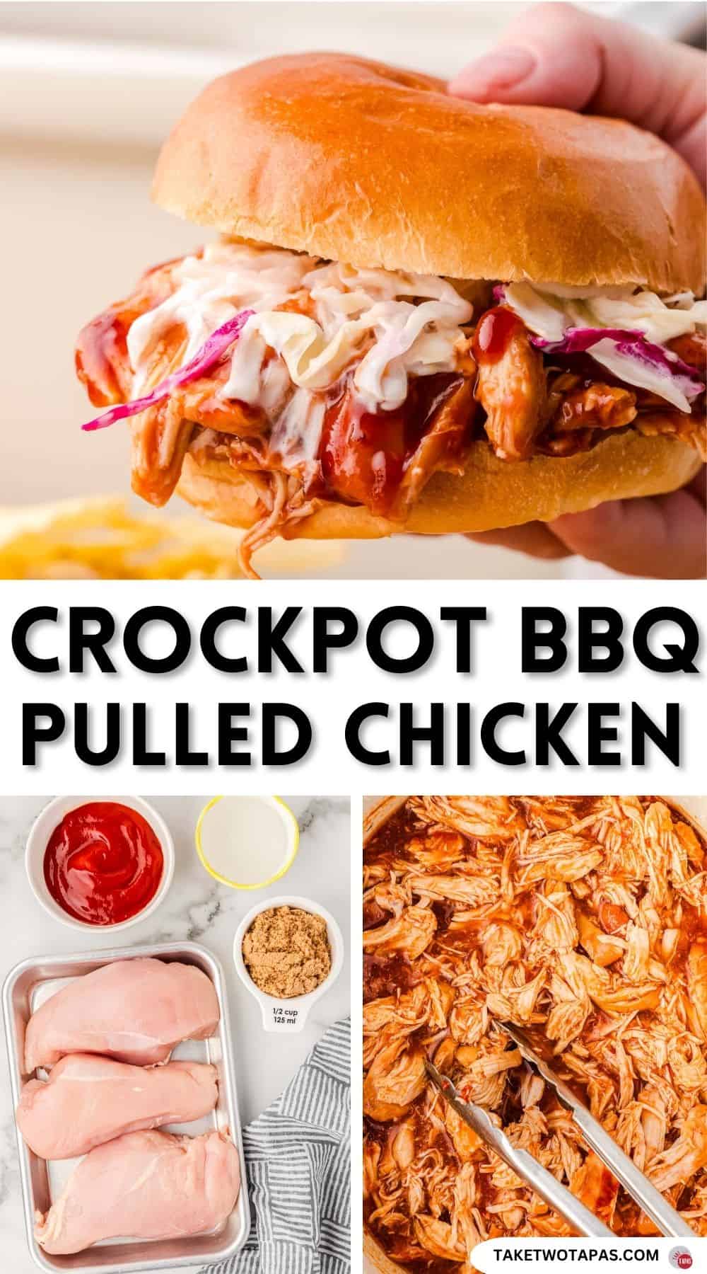 Pinterest pin image for pulled bbq chicken recipe in the slow cooker