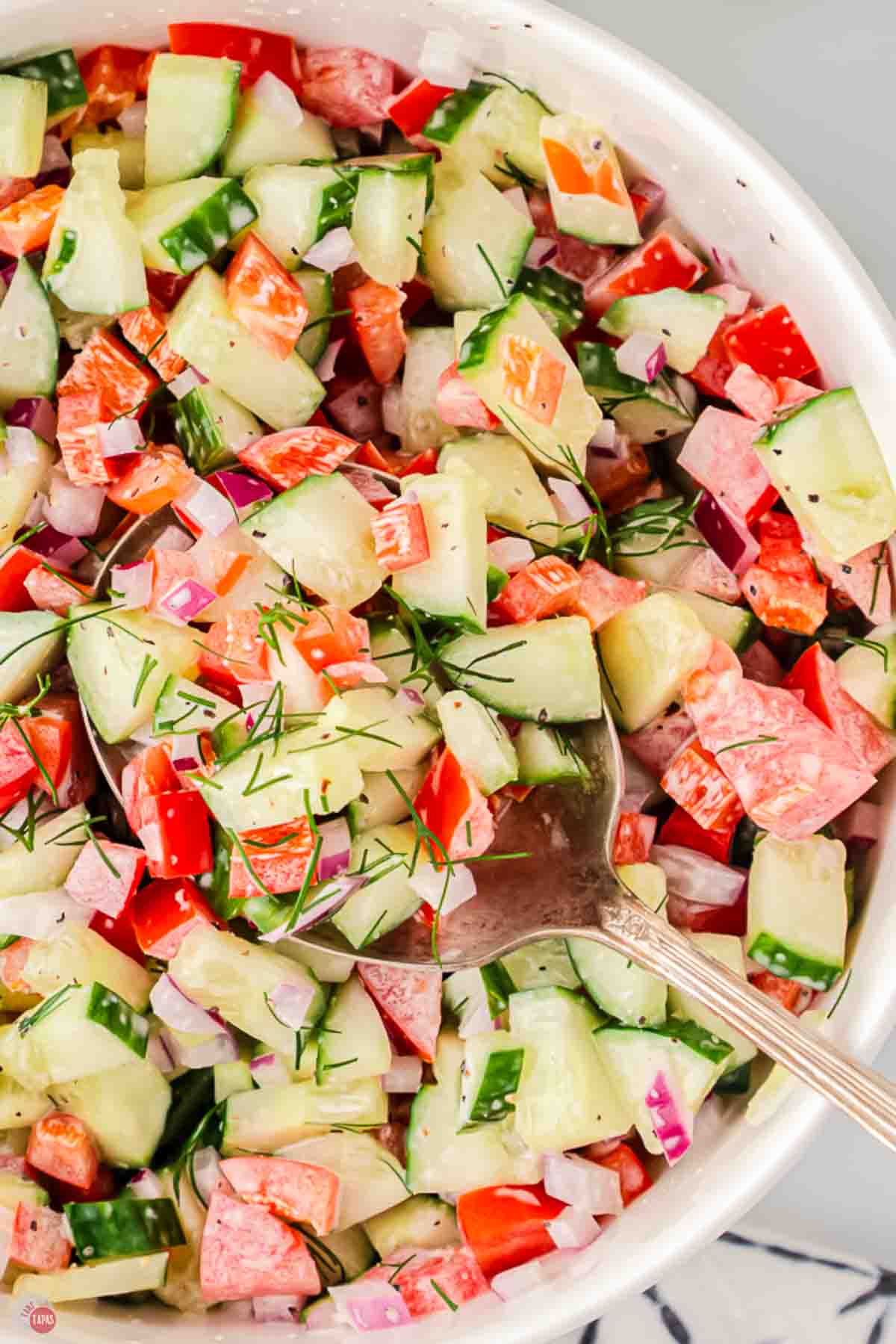 close up of bowl of chopped tomatoes and cucumbers in a creamy dressing