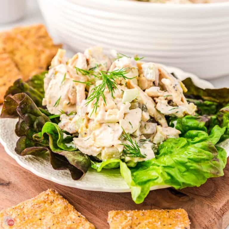 lettuce cup with a scoop dill pickle chicken salad