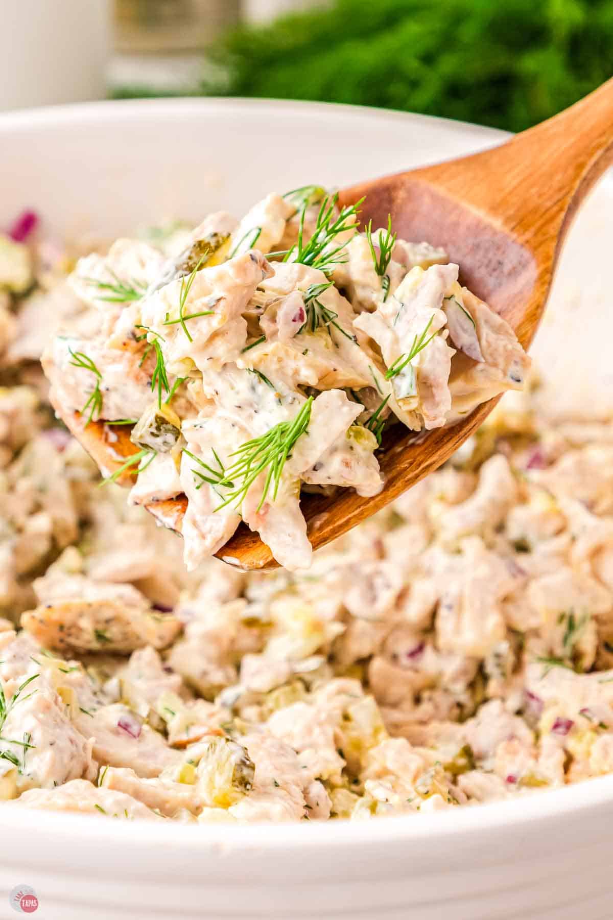 wood spoon with chicken salad on it