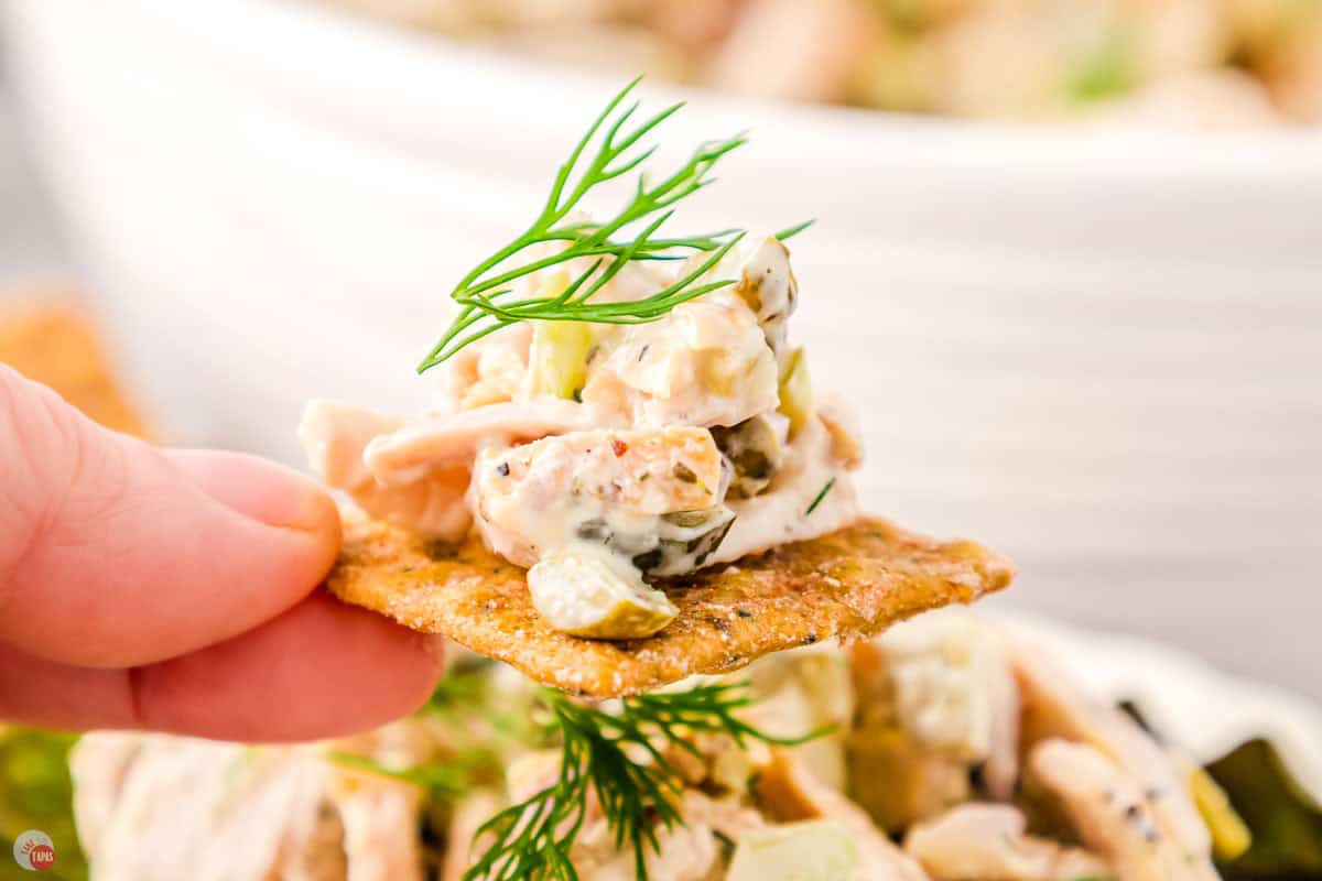 close up of chicken salad on a cracker