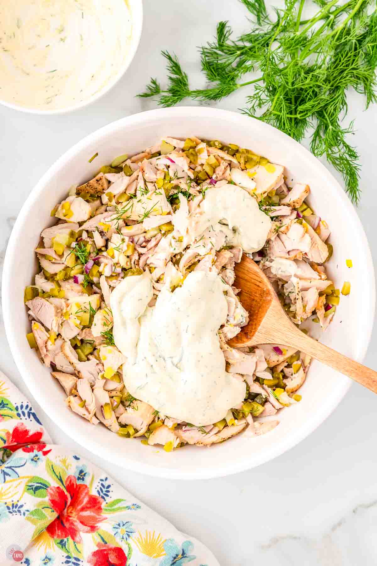 shredded chicken and mayo in a bowl