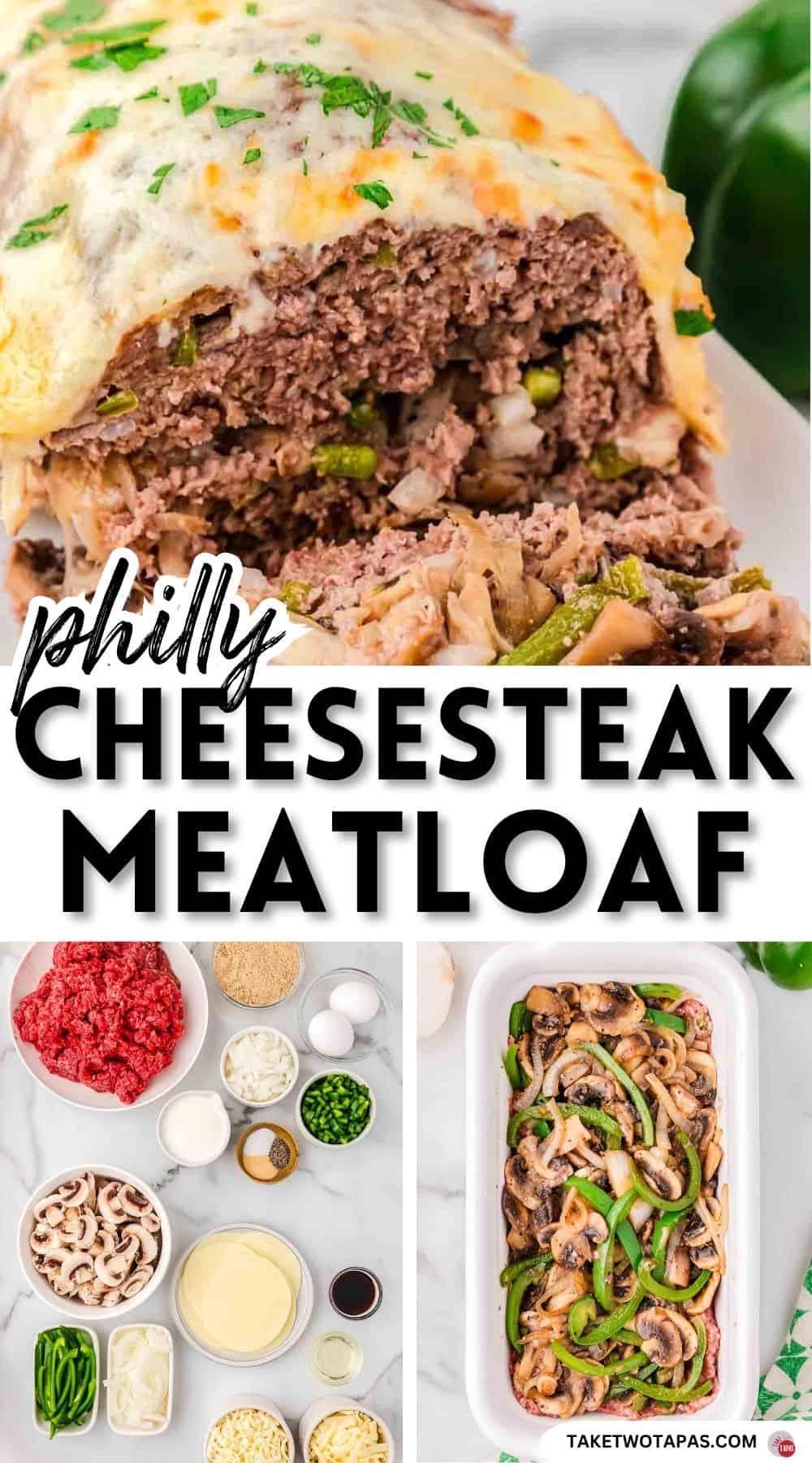 Pinterest pin image for philly cheesesteak meatloaf recipe