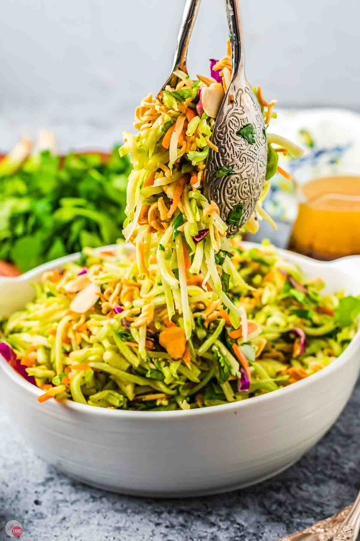 bowl of broccoli slaw with tongs picking some up