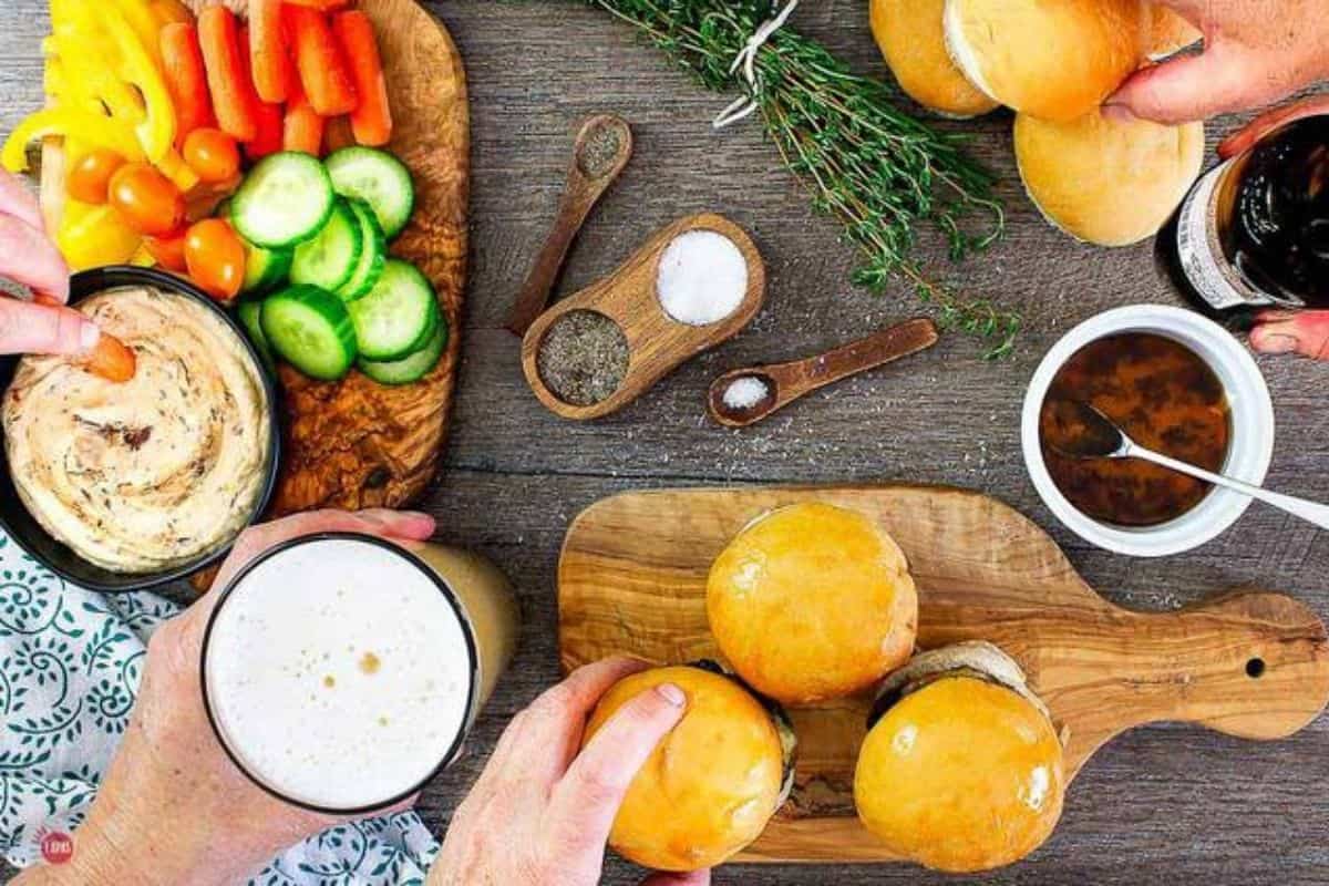 food spread with mini burgers