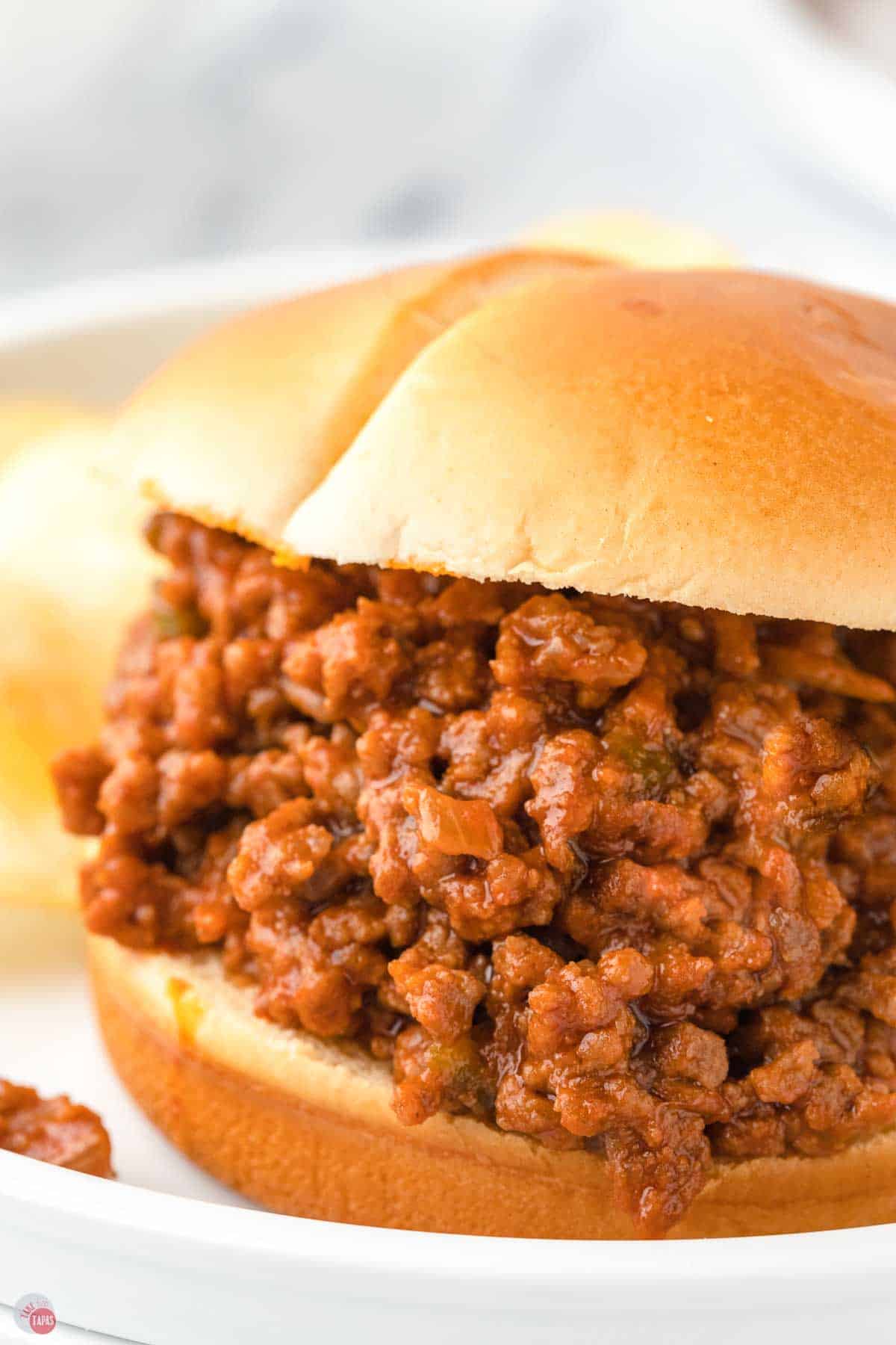 close up of side of sloppy joe on a palte