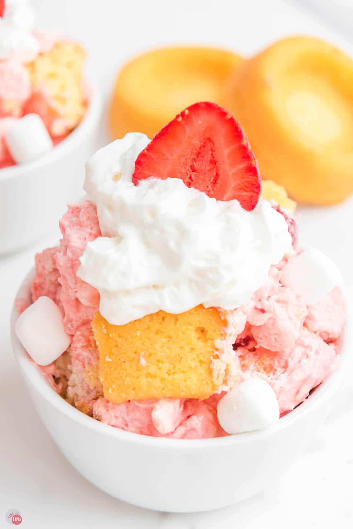 close up of bowl of marshmallow fluff salad