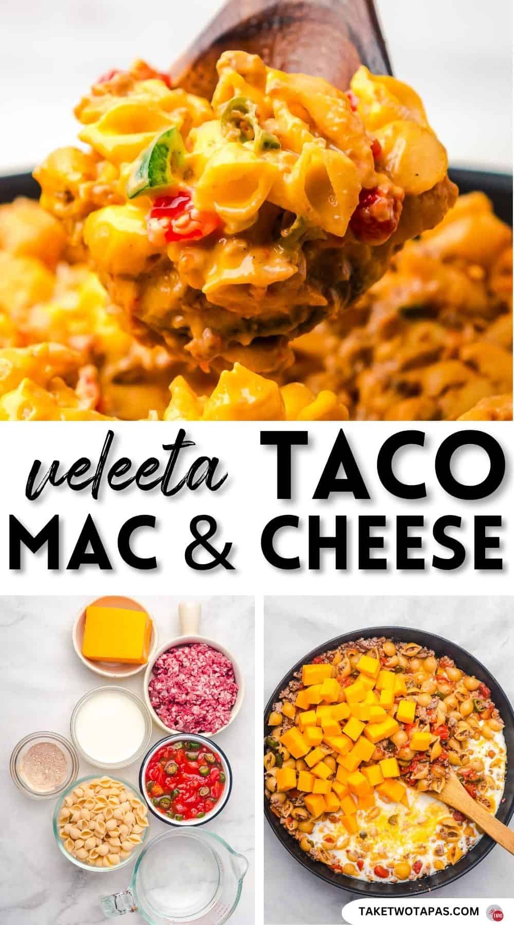 Pinterest pin image for Velveeta taco mac and cheese recipe
