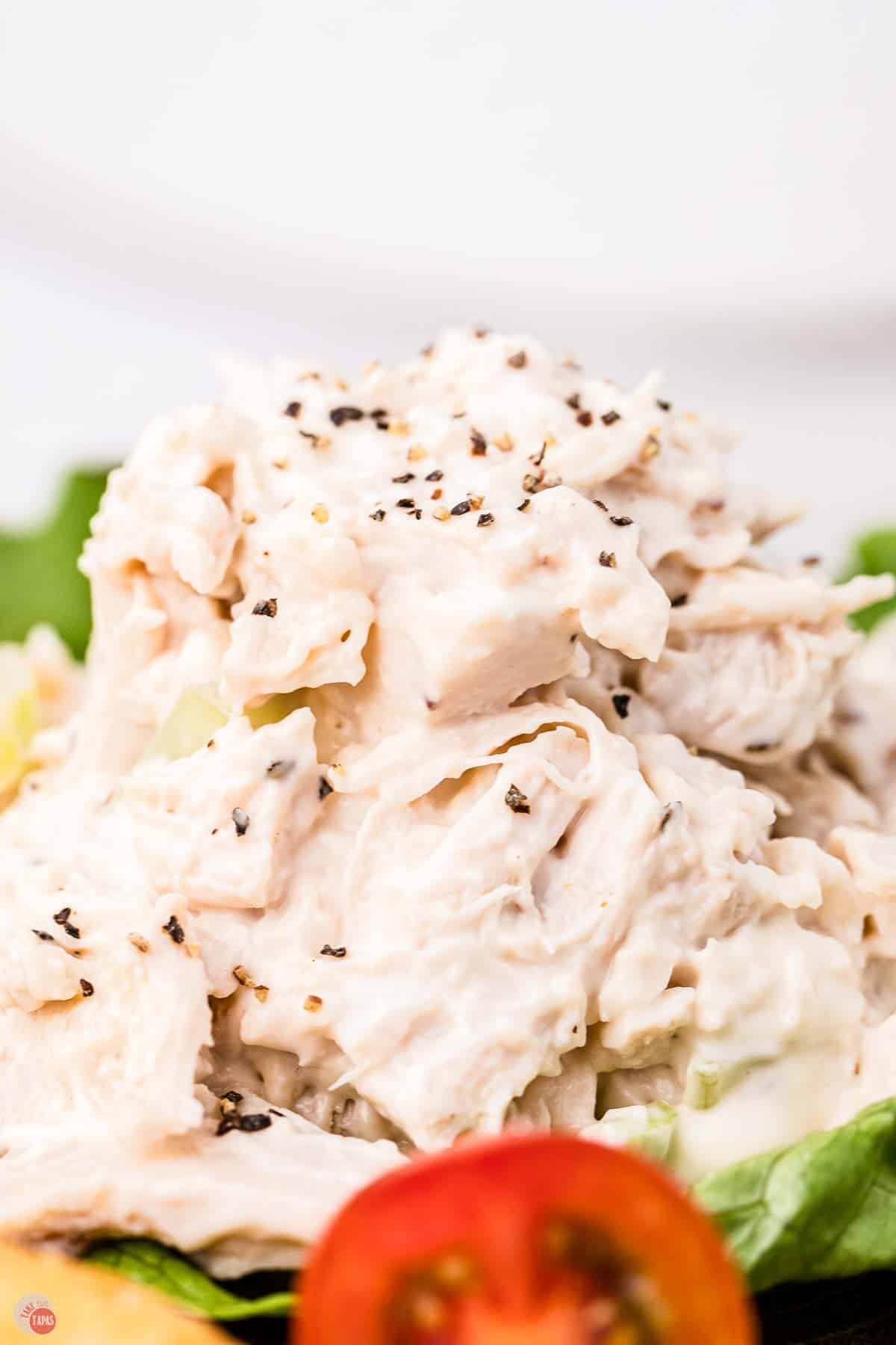 close up of scoop of chicken salad