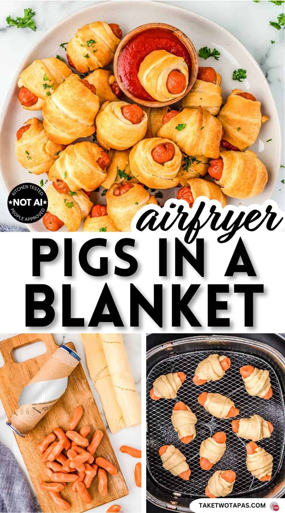 Pinterest pin image for an air fryer pigs in a blanket recipe