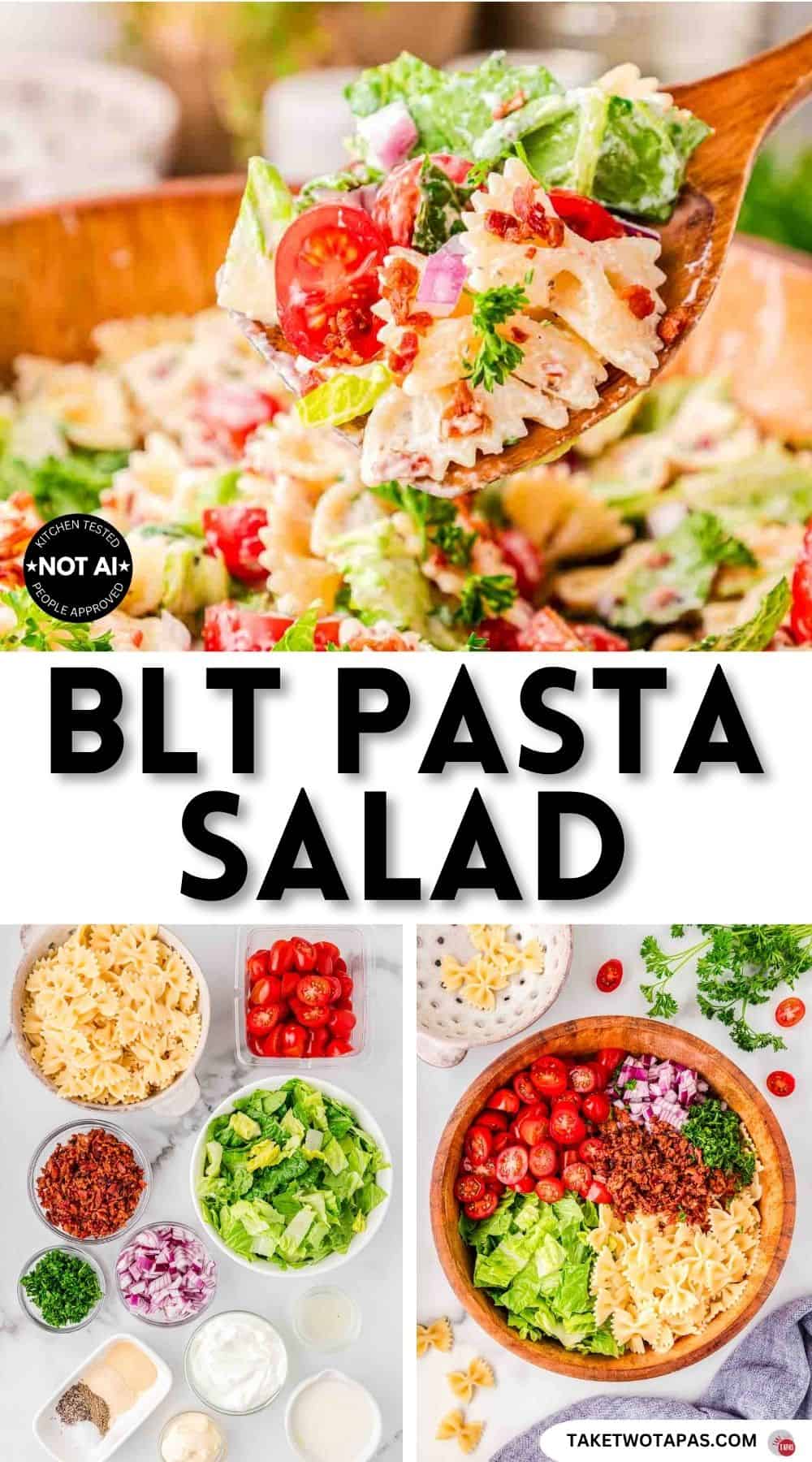 Pinterest pin image for a
BLT pasta salad recipe