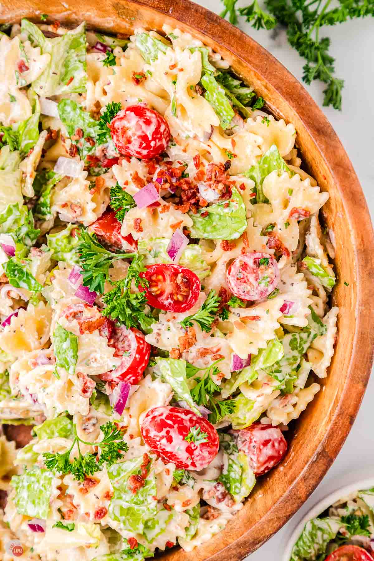 close up of BLT pasta salad with a creamy dressing