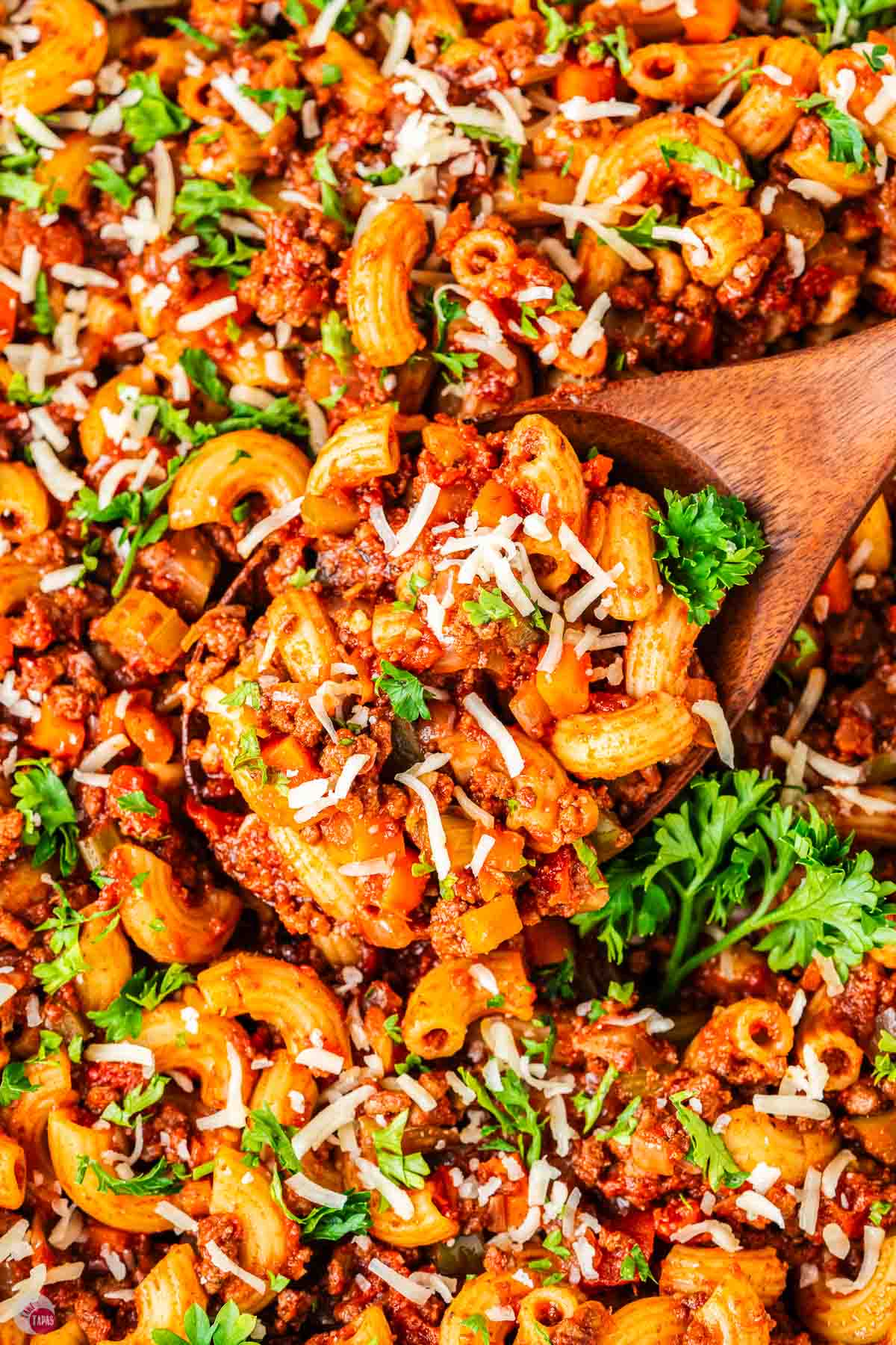 close up of spoon of beefaroni