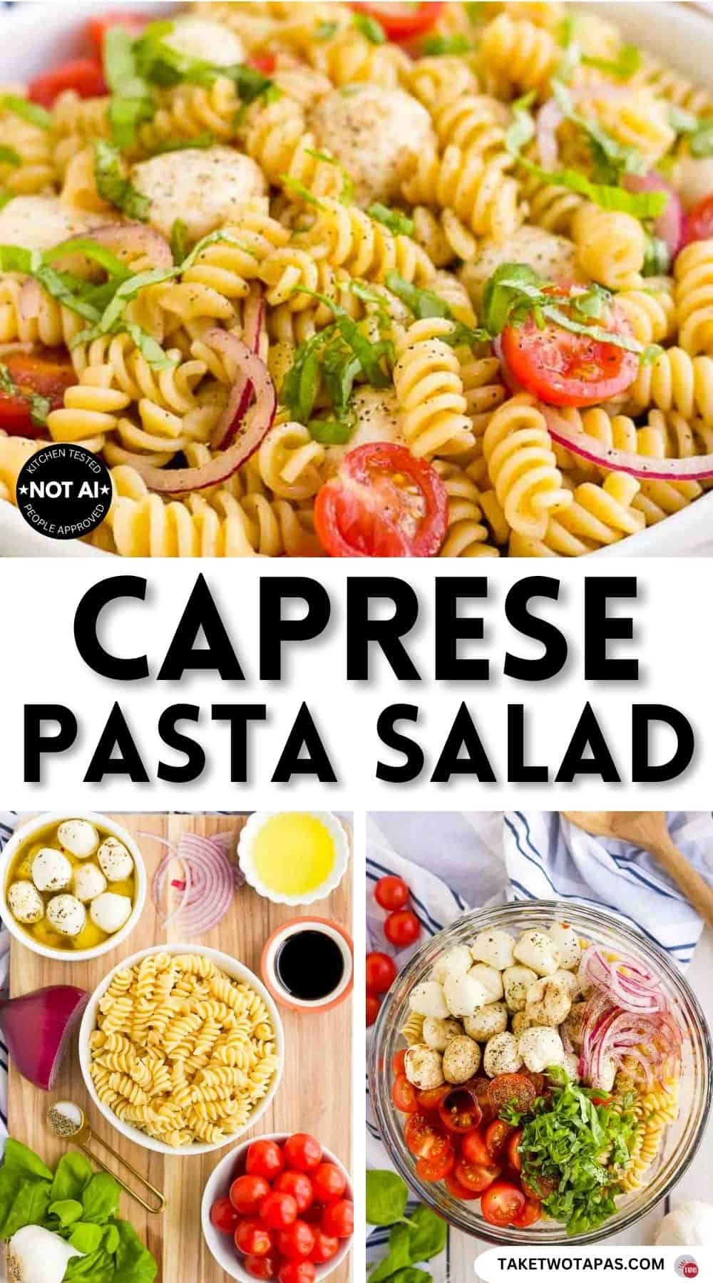 Pinterest pin image for a Caprese pasta salad recipe