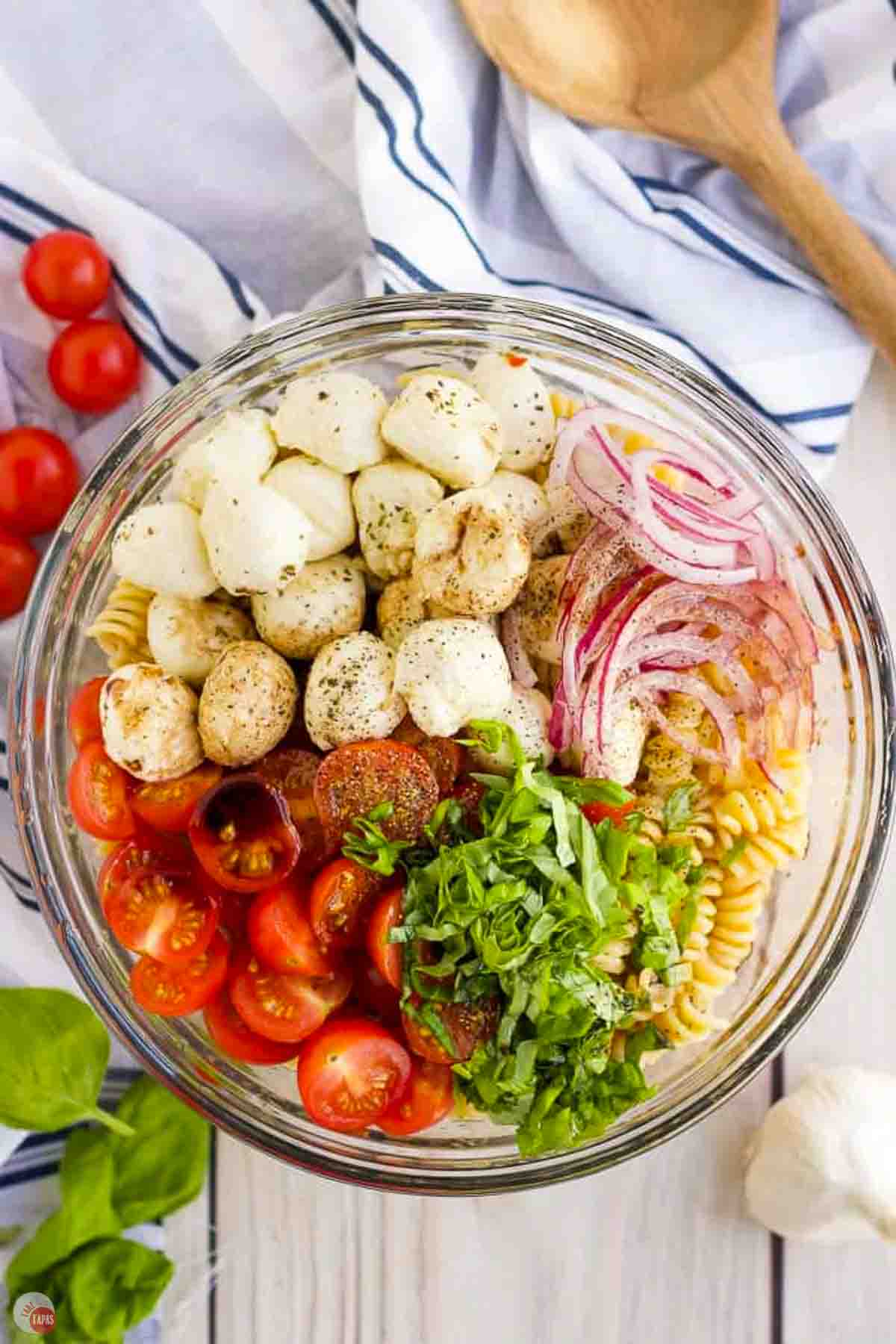 pasta and vegetables in a clear bowl
