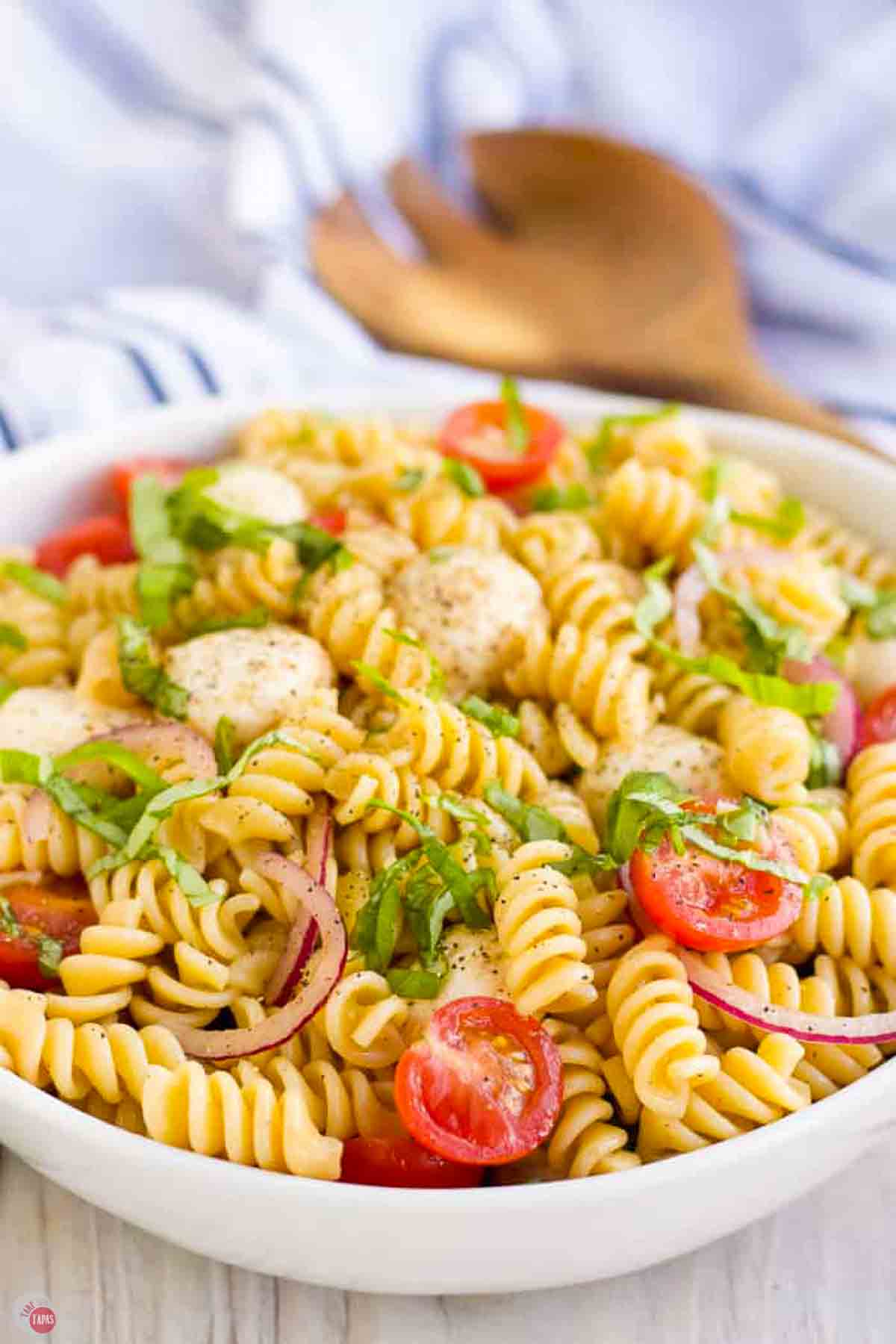 bowl of pasta salad with Italian ingredients