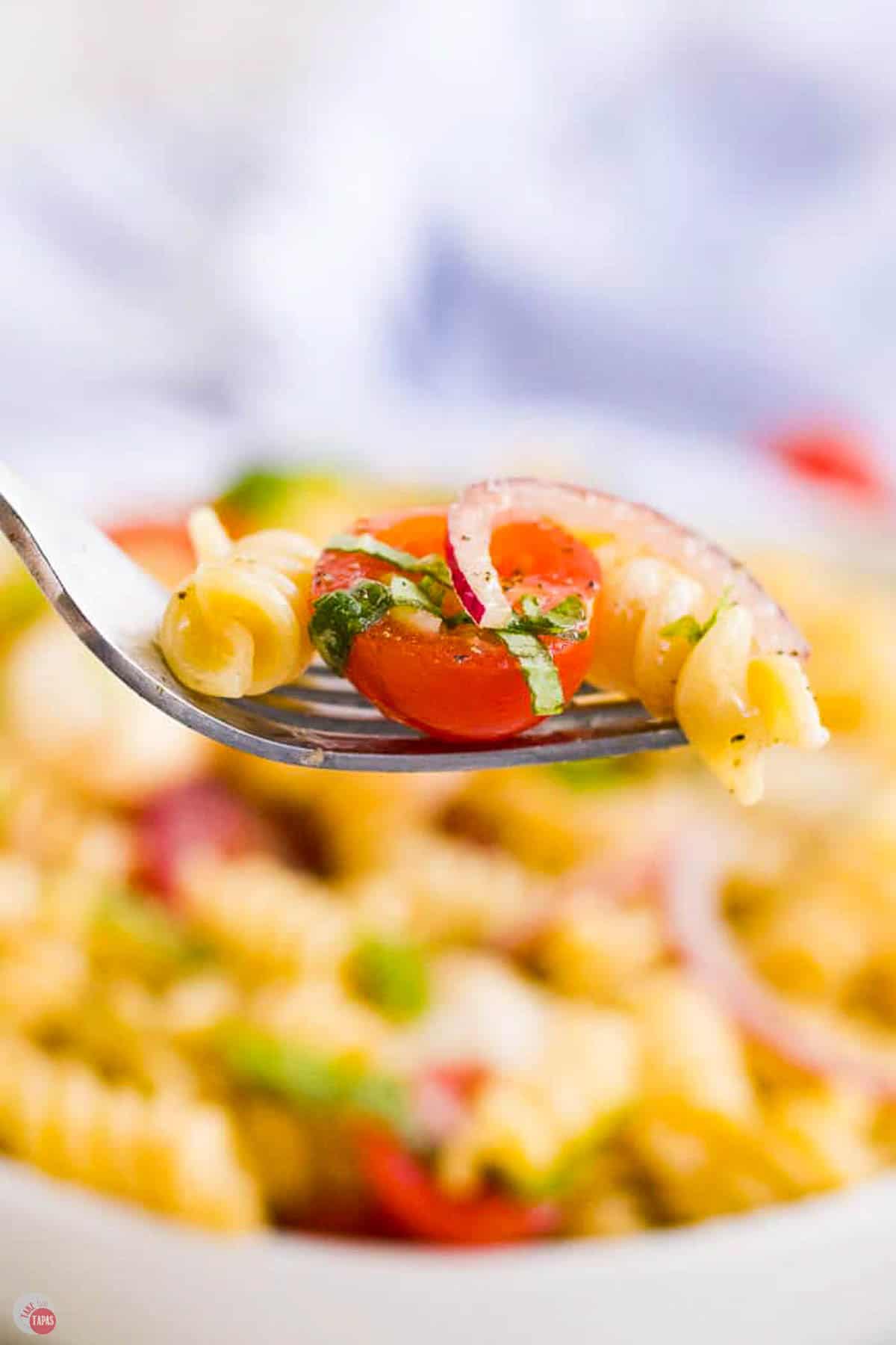 fork with bite of tomatoes and noodles