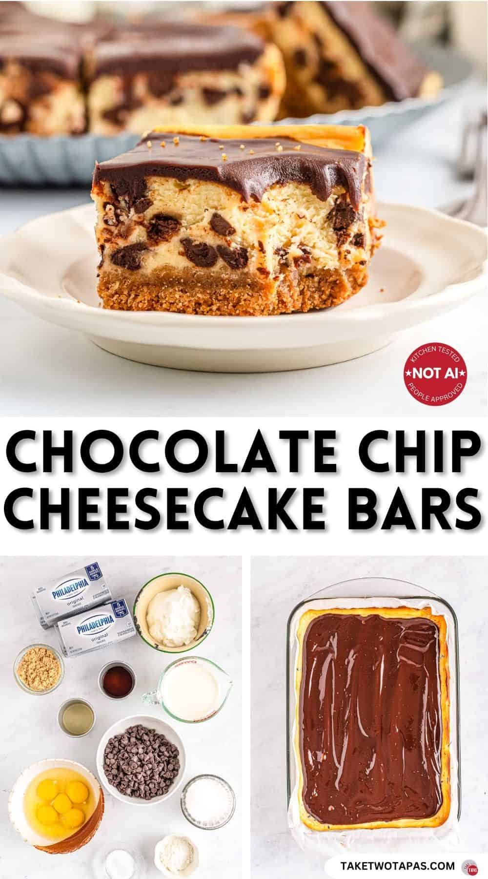 Pinterest pin image for a
chocolate chip cheesecake bars recipe