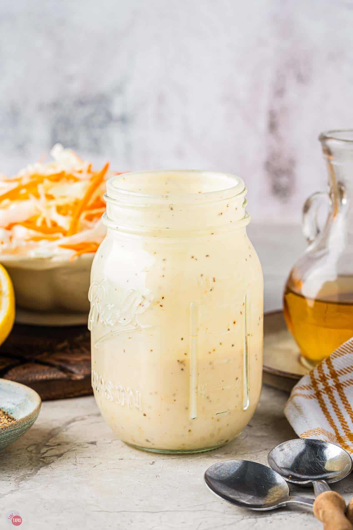 mason jar filled with coleslaw dressing