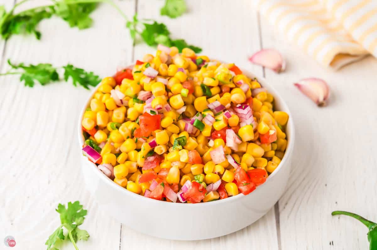 white bowl of corn salsa