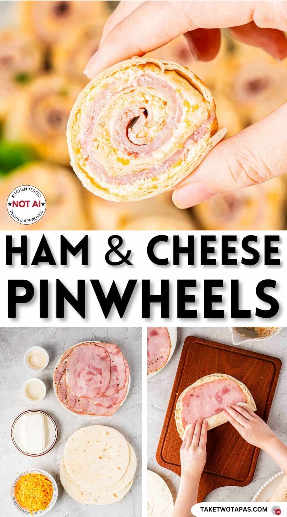 Pinterest pin image for a 
ham and cheese pinwheel sandwich recipe