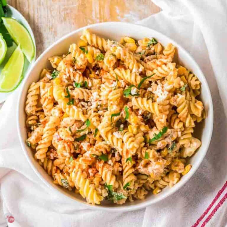white bowl of street corn pasta salad