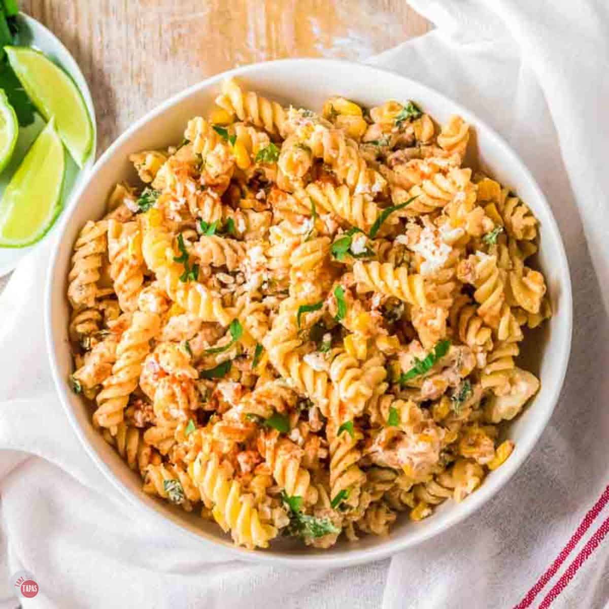 white bowl of street corn pasta salad