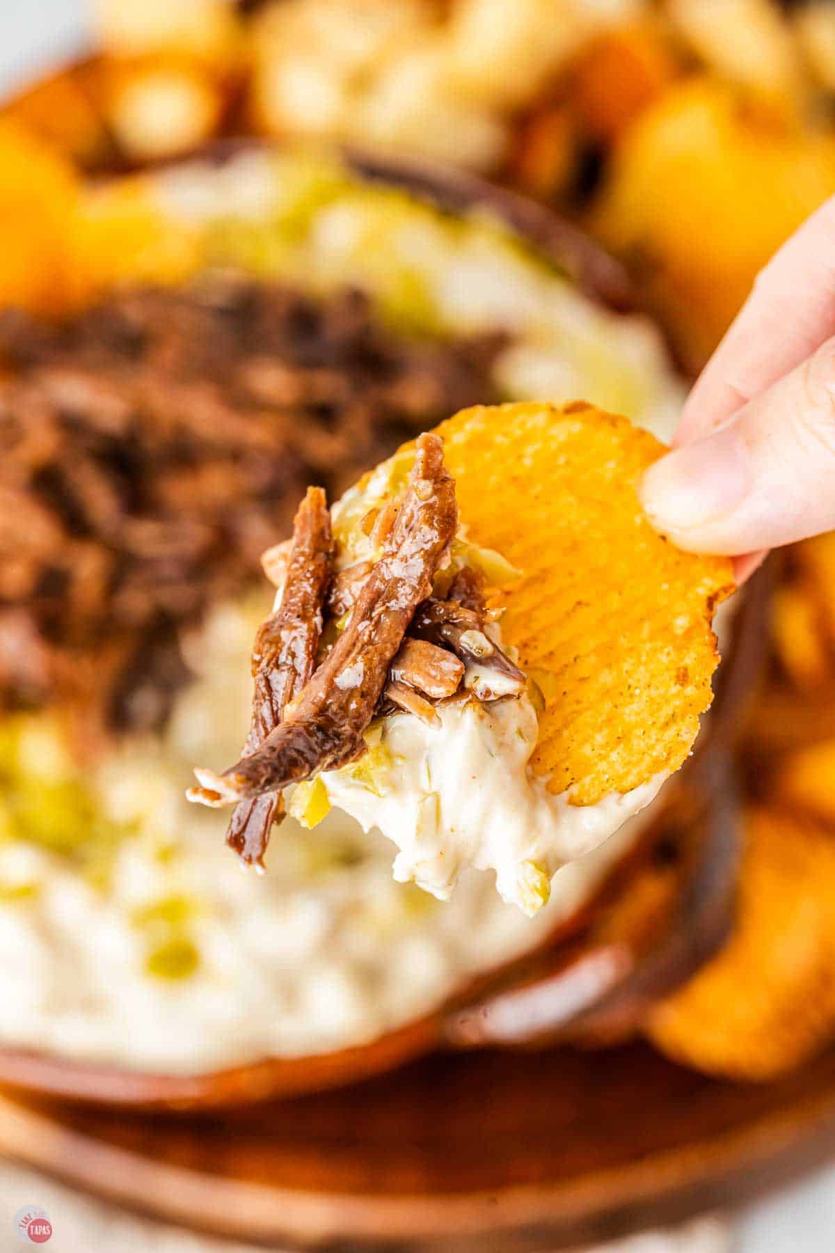 close up of chip with dip on it