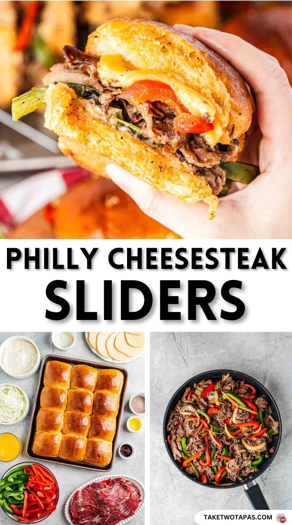 Pinterest pin image for philly cheesesteak sliders recipe