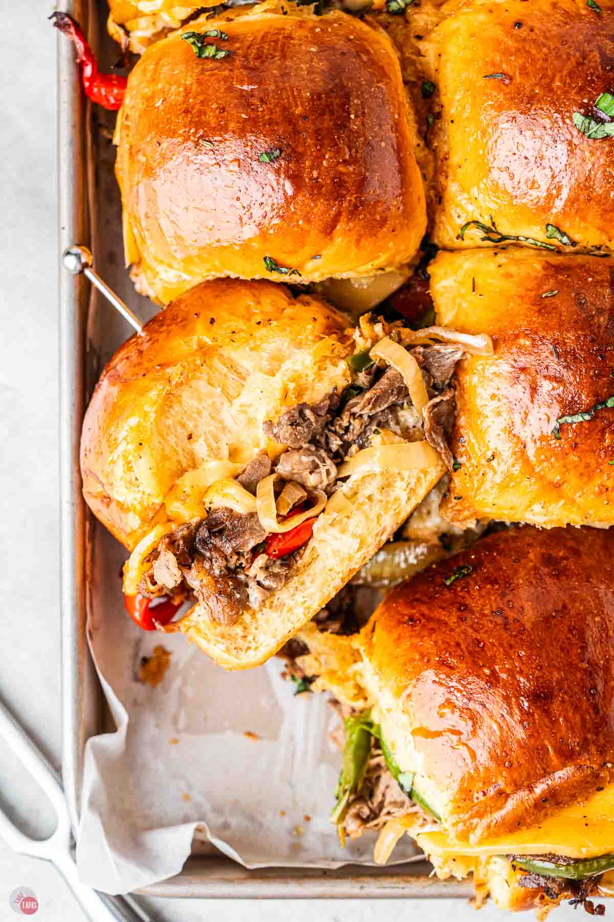 tray of sliders with one turned sideways