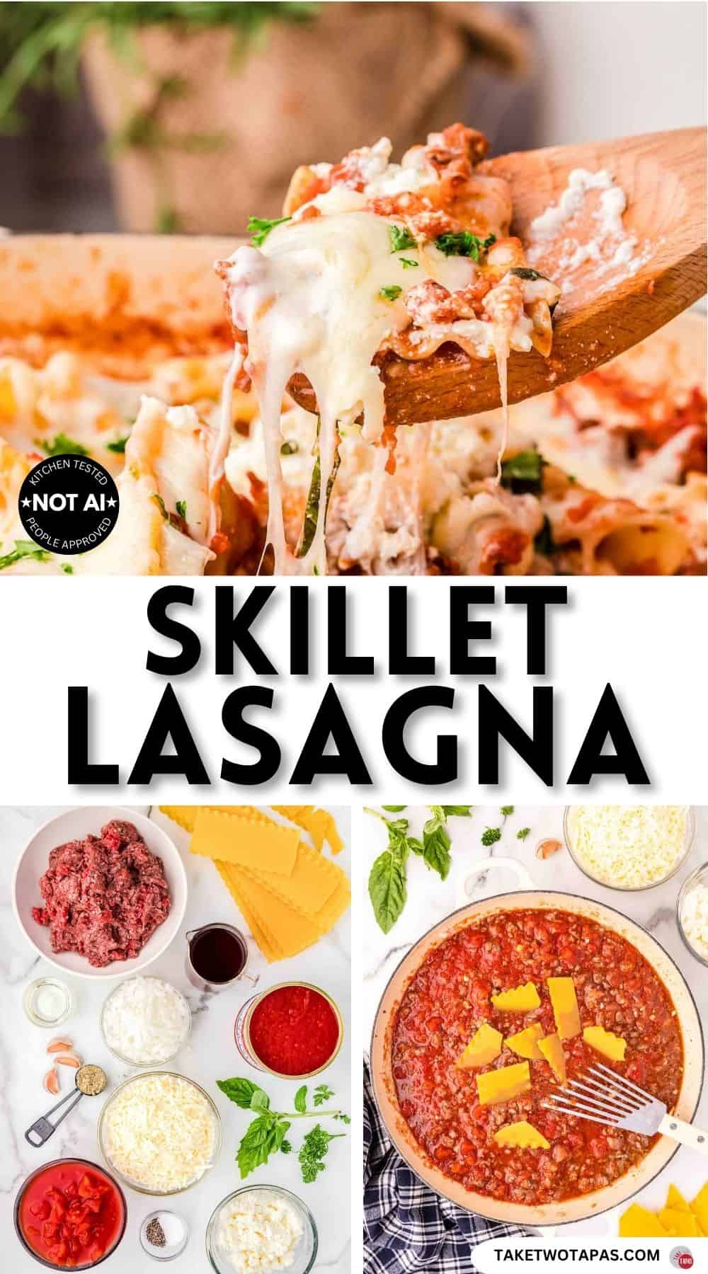 Pinterest pin image for a skillet lasagna recipe
