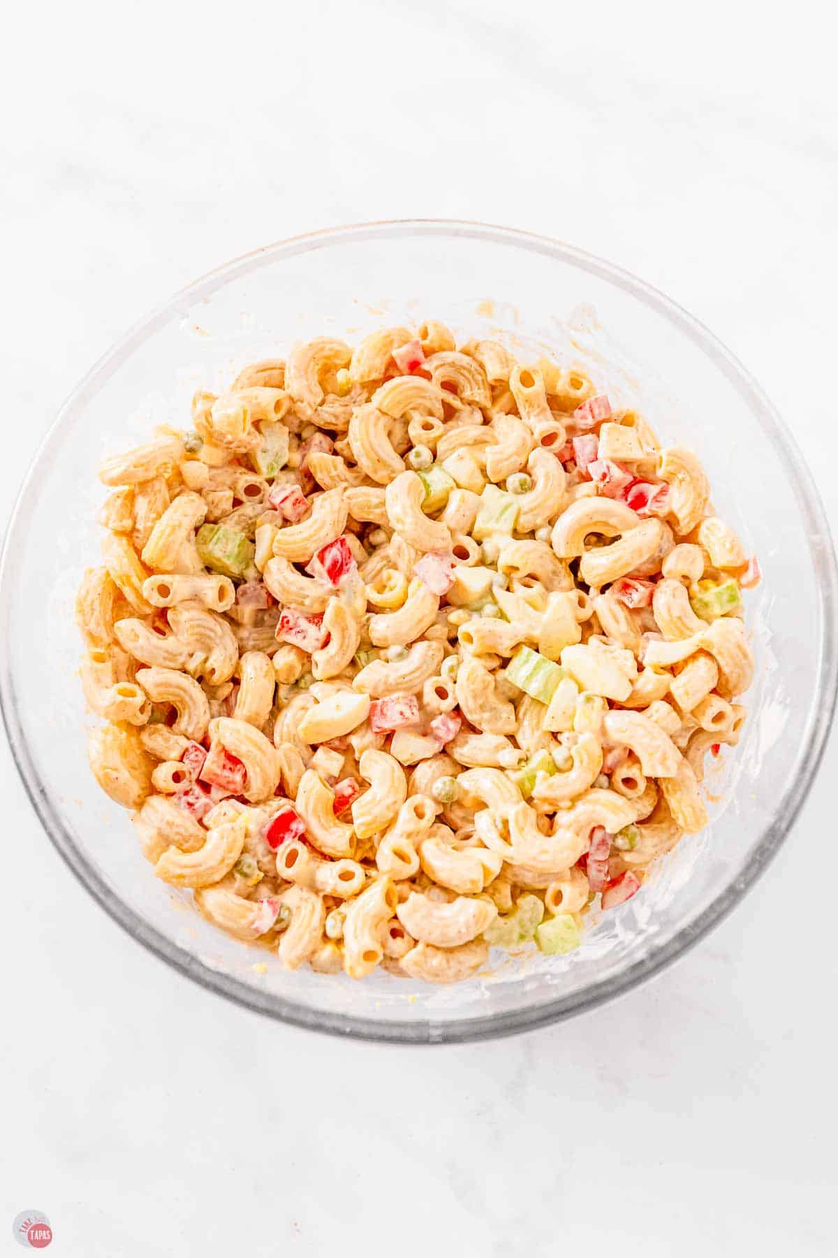 bowl of pasta salad with a creamy dressing