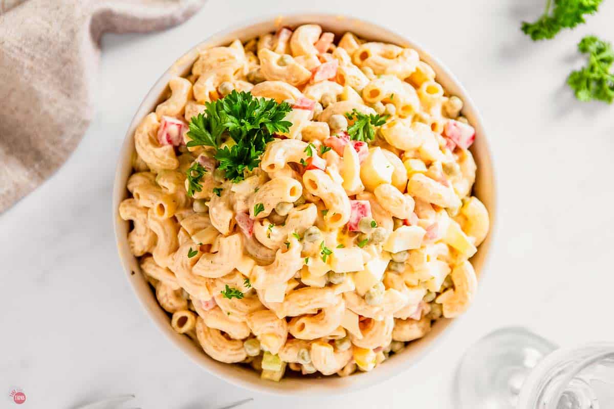 bowl of southern macaroni salad with parsley