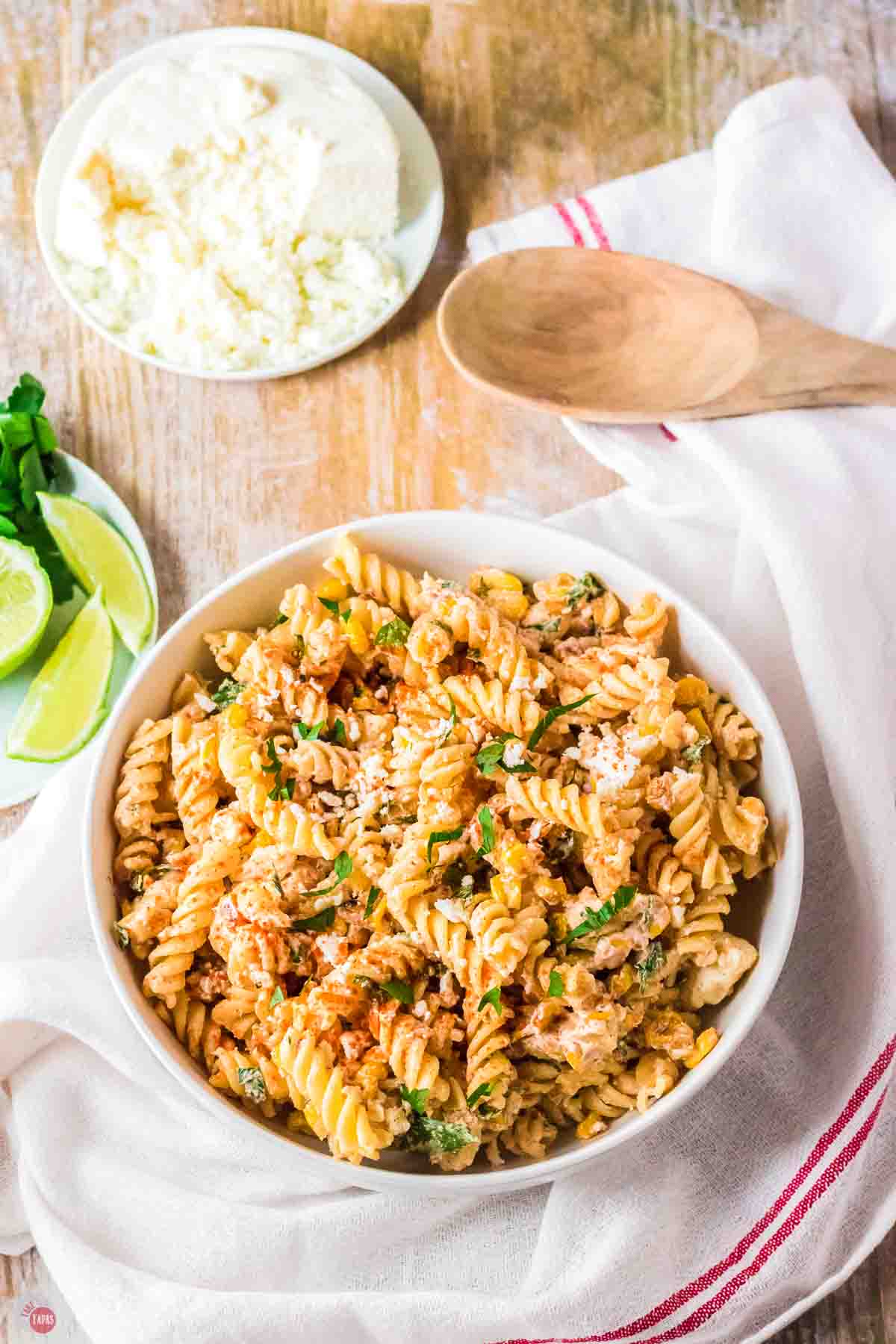 bowl of pasta salad with Mexican street corn stirred in