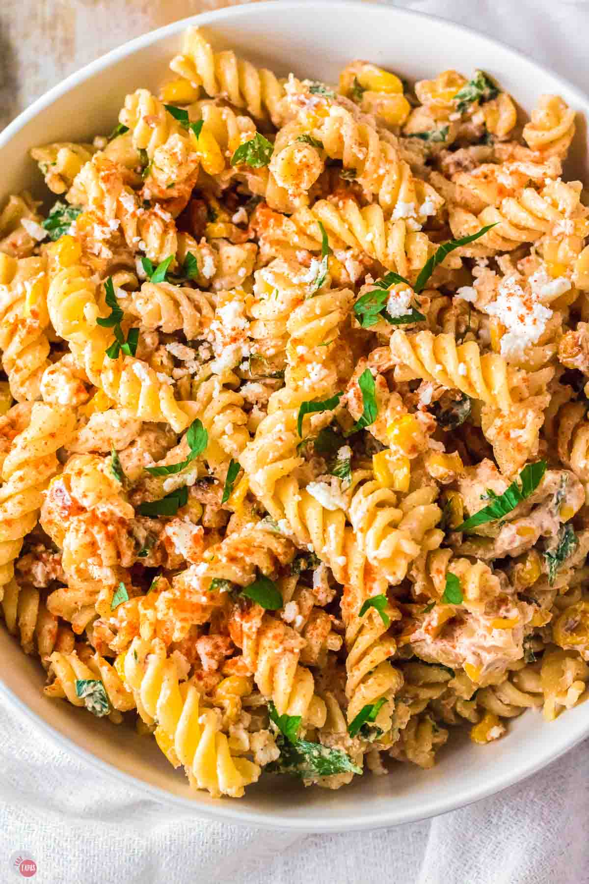 close up of pasta salad with corn