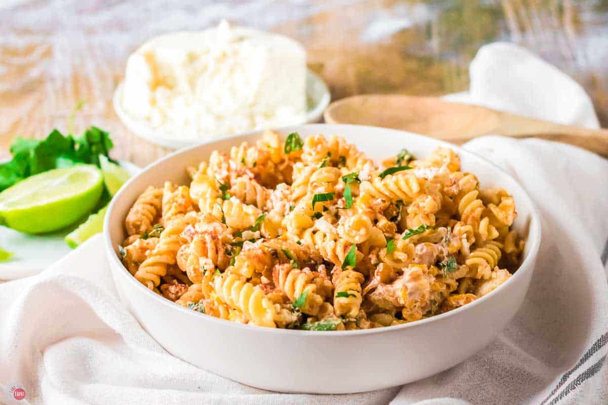 bowl of Mexican street corn pasta salad