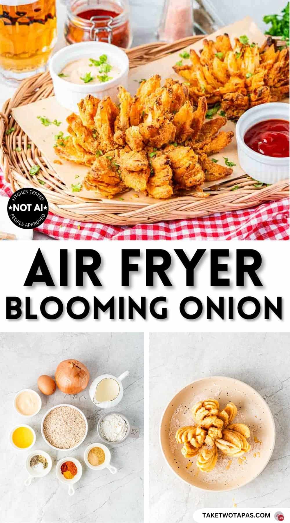 Pinterest pin image for an air fryer blooming onion recipe