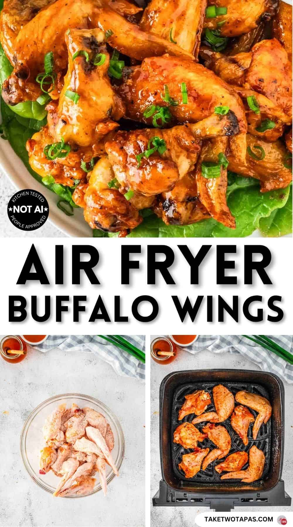 Pinterest pin image for an air fryer buffalo chicken wings recipe