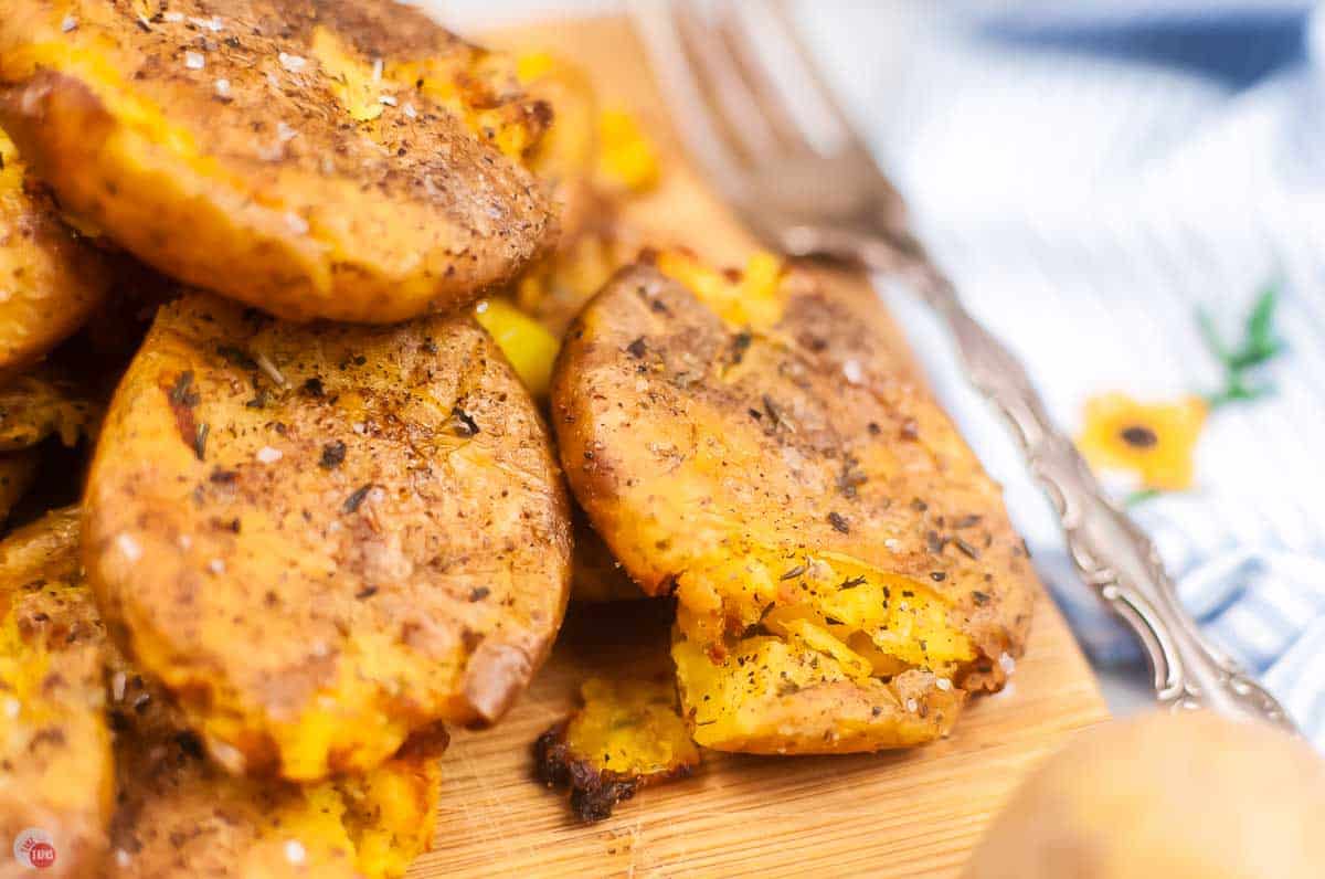 close up of smashed potatoes