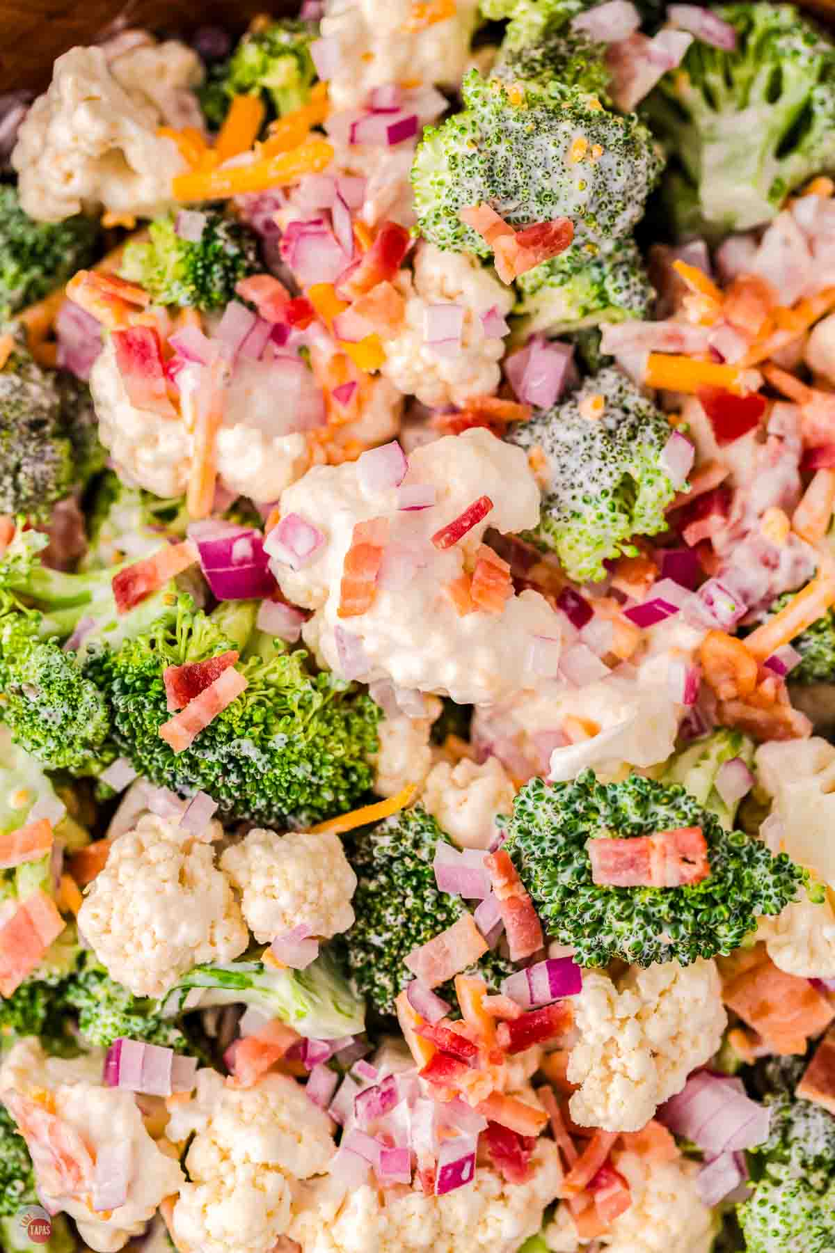 close up of bowl of Amish broccoli salad