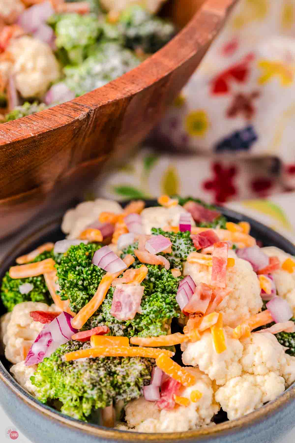 bowl of Amish broccoli salad with cauliflower and bacon