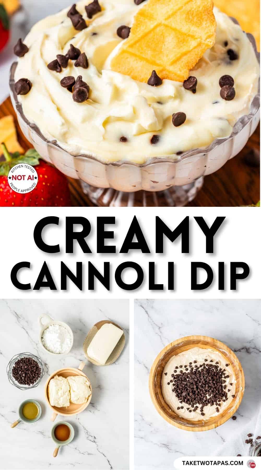 Pinterest pin image for a creamy cannoli dip recipe