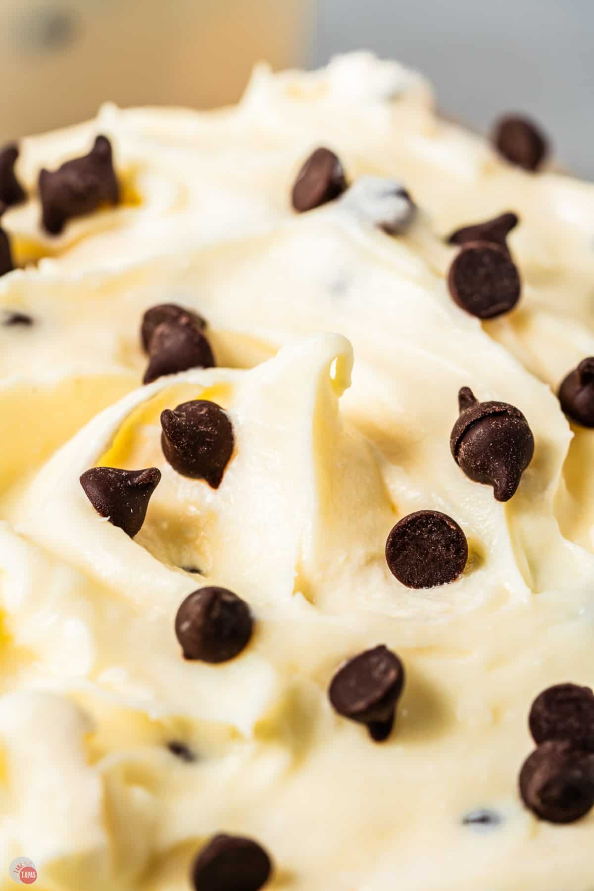 close up of cannoli dip topped with mini chocolate chips