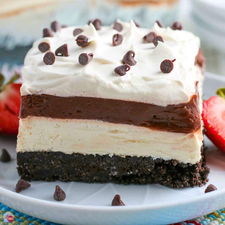 no bake chocolate lasagna slice on a white plate