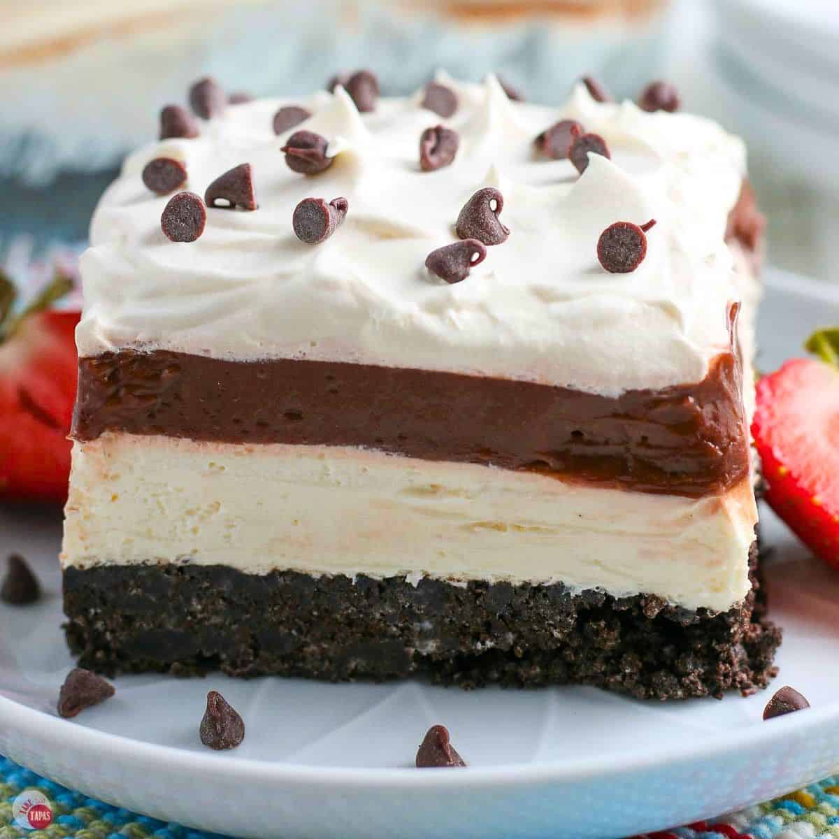 no bake chocolate lasagna slice on a white plate